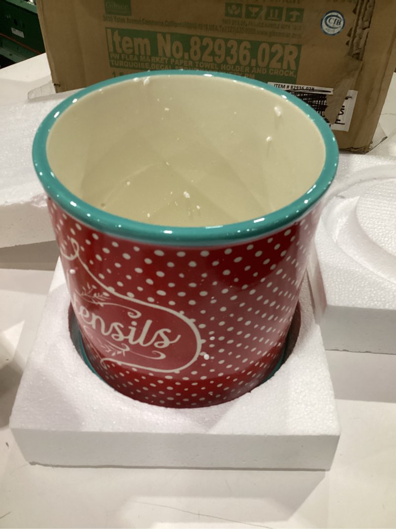 Condition photo showing New/Like New for the pioneer woman flea market blue hen paper towel holder and utensil crock