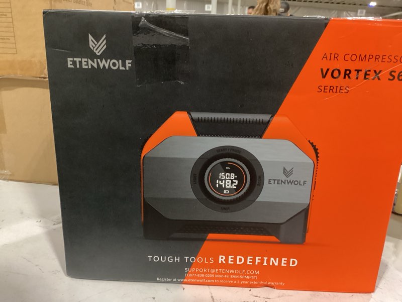 Condition photo showing As Is for etenwolf vortex s6 tire inflator portable air compressor for heavy-duty vehicle, cordless air pump for car & inflatables with 19200 mah battery, 100% duty cycle & dual cylinder bike pump, vivid orange vivid orange 19200 mah