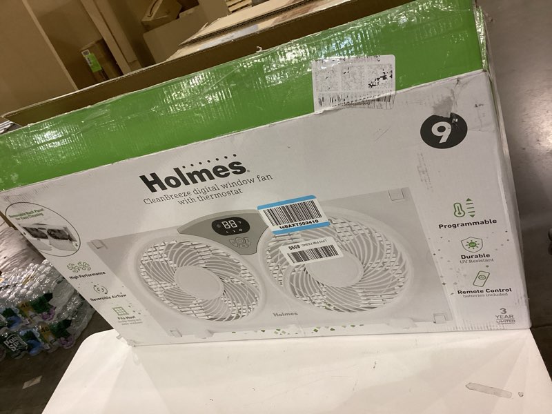 Condition photo showing As Is for HOLMES 9" CleanBreeze Digital Window Fan Thermostat, Remote Control, Adjustable Extender Panels, Water-Resistant Design, White Contemporary 9 Inch