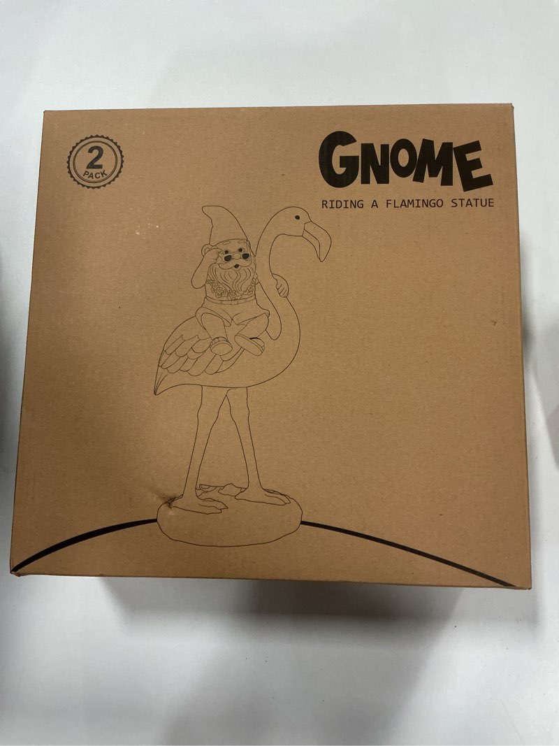 Condition photo showing New/Like New for Goodeco 2Pack Gnome Riding Flamingo Statues - 11 "Adorable Hawaii Pink Flamingo Gifts, Birthday & Mom Gifts, Perfect Home and Garden Decor, Beach Party Decorations (M&L)