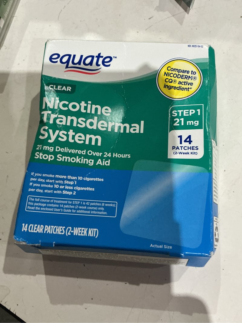 Condition photo showing As Is for equate nicotine transdermal patch step 1, 21 mg, 14 count – stop smoking aid, clear patch, compare to nicoderm® cq®