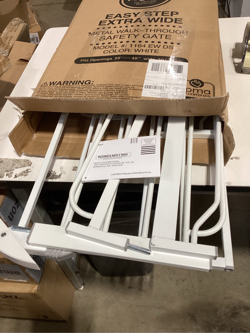 Condition photo showing New/Like New for regalo easy step 49-inch extra wide baby gate, includes 4-inch and 12-inch extension kit, 4 pack of pressure mount kit and 4 pack of wall mount kit white 29-49"w x 30"h