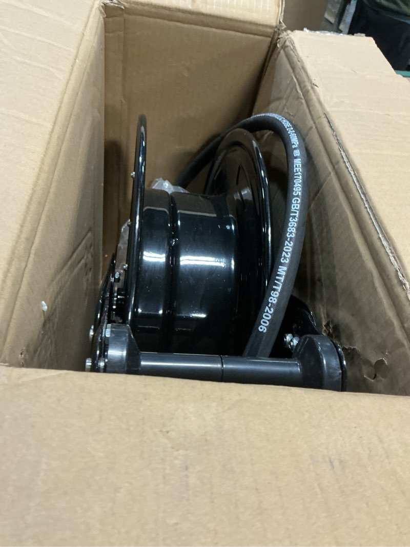 Condition photo showing Good Condition for Double Arm 50FT x 3/8" Retractable Pressure Washer Hose Reel, Heavy Duty Steel Professional Power Wash Hose Reel with 5 ft Lead for Air/Oil/Water, 4000 PSI