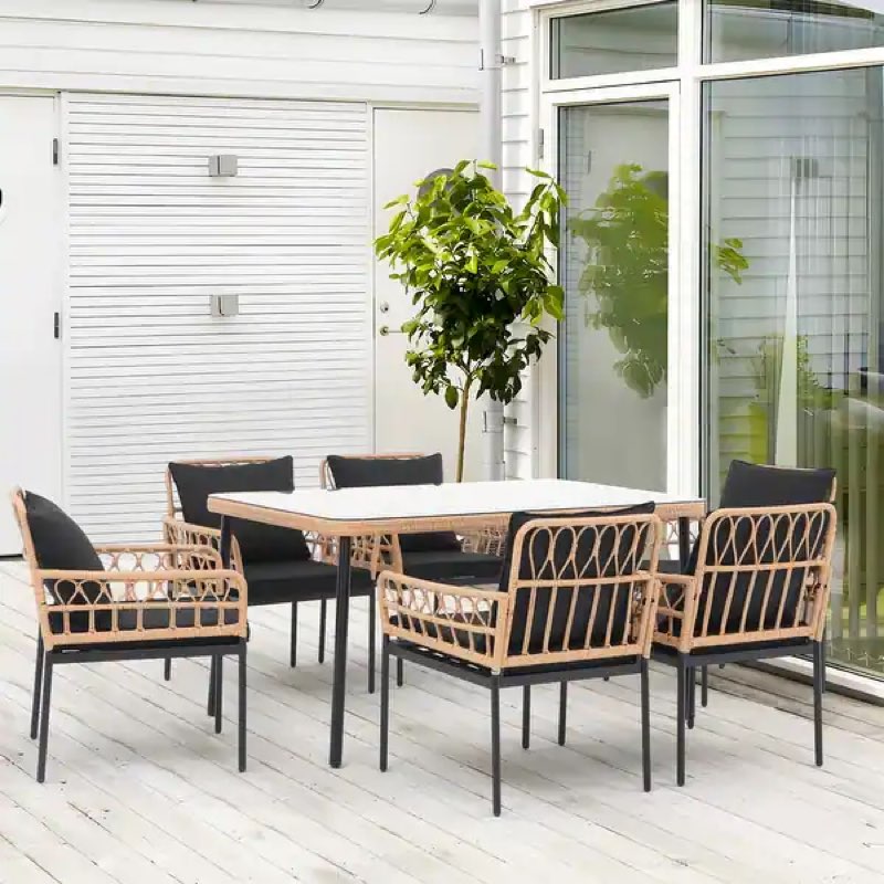 Outdoor 7 Pieces Wicker Dining Set with Cushion ( incomplete  box 1 of 3 )) 