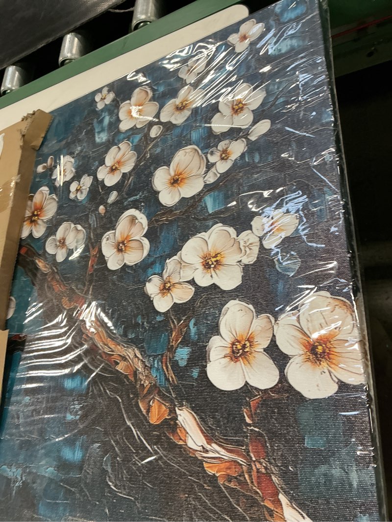 Condition photo showing Good Condition for crmotu Plum Blossom Wall Art, Japanese Flower Canvas Large Artwork, Teal Blue Tree Trunk Oil Paintin