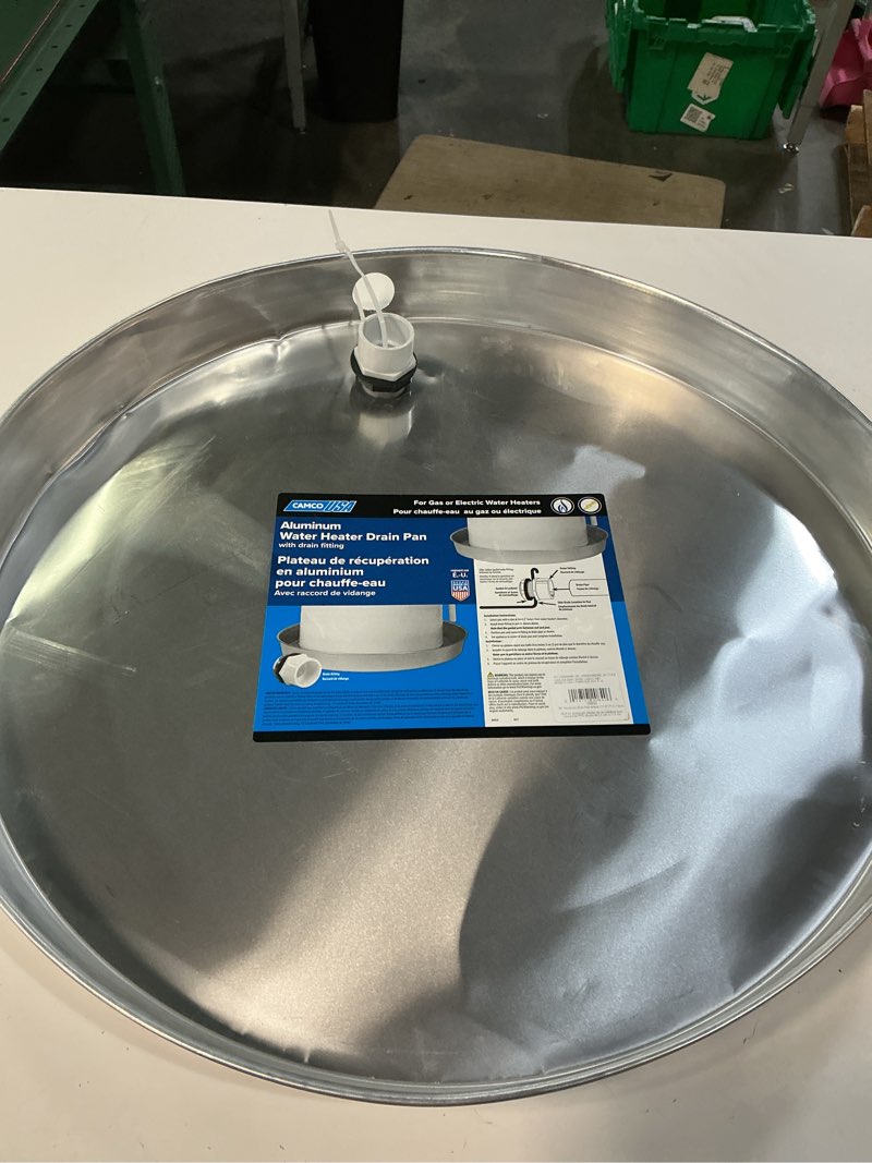 Condition photo showing Good Condition for camco 20840 22" id x 2" aluminum water heater drain pan with pvc fitting