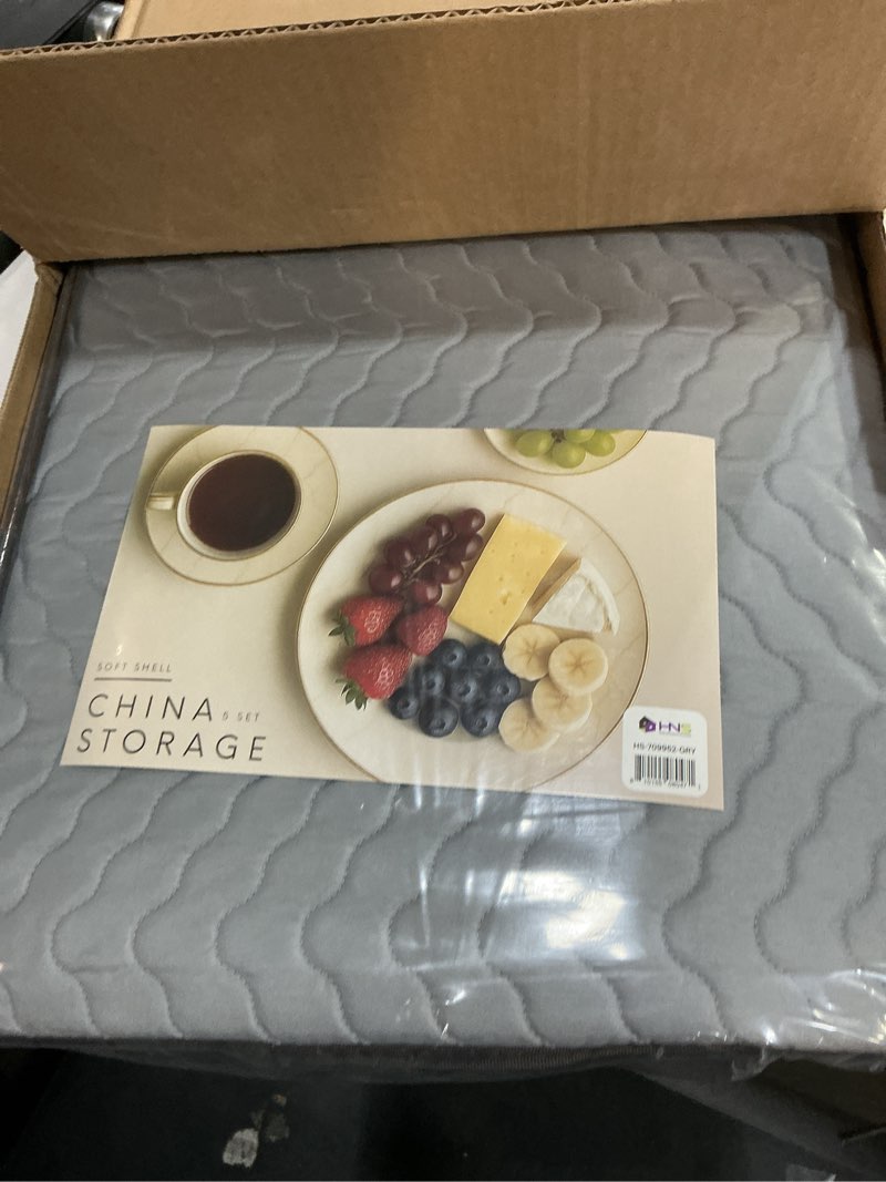 Condition photo showing New/Like New for china storage containers 5-piece set moving boxes for dinnerware, glasses, plates, mugs and saucers sturdy quilted microfiber dish organizer with dividers for seasonal storage - holds set of 12, gray gray 5 piece storage set