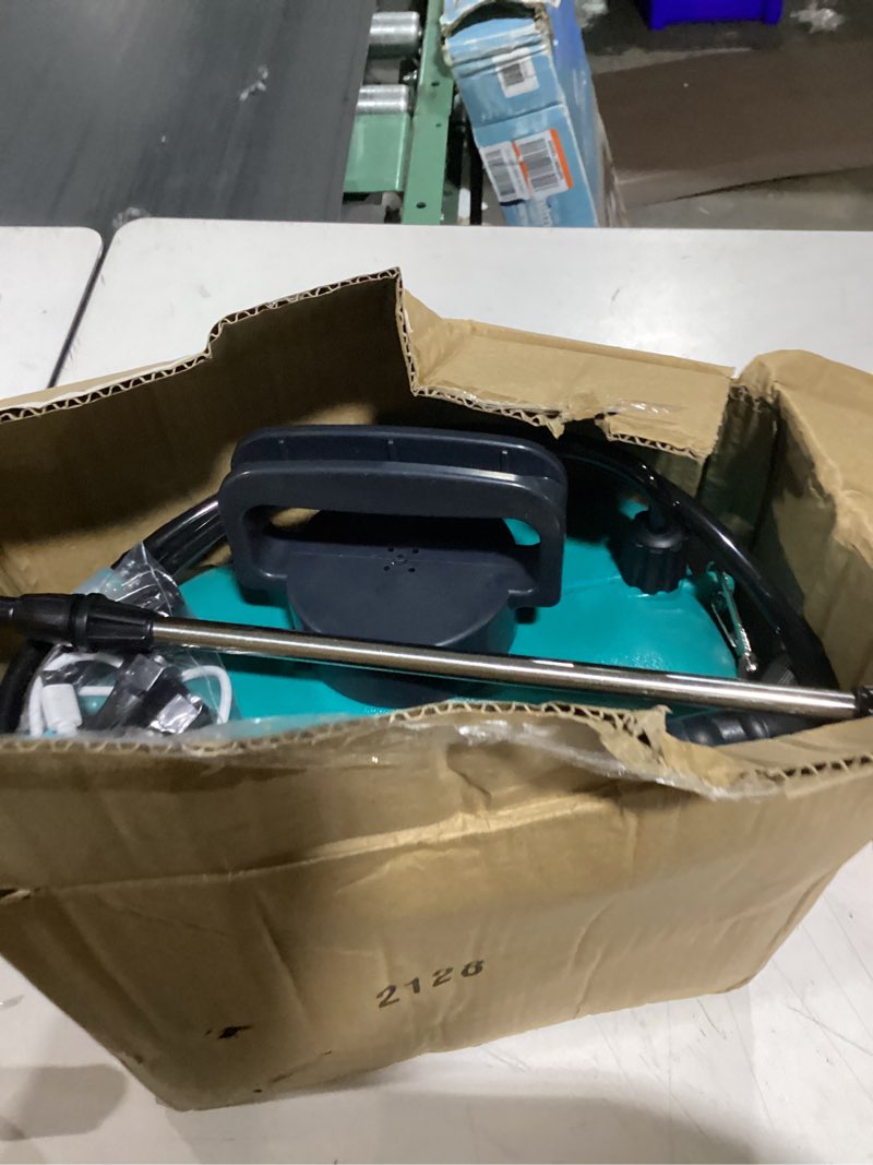 Condition photo showing Good Condition for 2 gallon battery powered garden sprayer, electric sprayer with usb rechargeable handle, 3 mist nozzles, retractable wand, water pump sprayers with adjustable shoulder strap for yard, lawn and garden 2 gallon blue-green