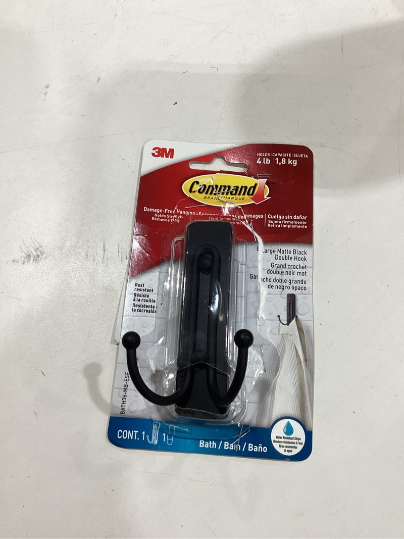 Condition photo showing As Is for command large double hook black: metal robe hook, unfinished surface, bathroom hardware set