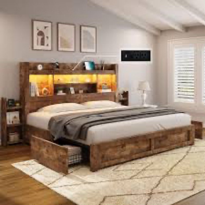 Amerlife King Size Bed Frame With 4 Storage Drawers, Led Bed Frame With 49“ Tall Bookcase Headboard, Wood Platform Bed With Charging Station & 2 Slide Bedside Shelf, No Box Spring Needed/Rustic Brown 2