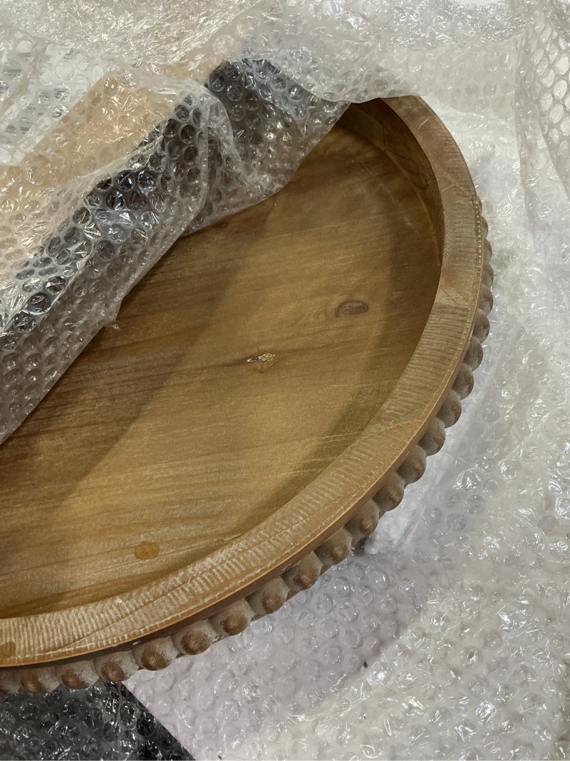Condition photo showing Good Condition for sofe 16  natural hand crafted beaded wooden tray  farmhouse large round tray  serving tray decorative and rustic candle holder tray  coffee table tray