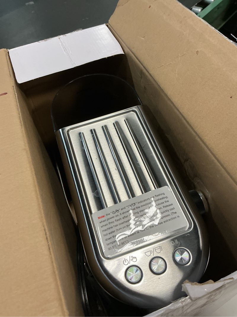 Condition photo showing As Is for atatix espresso machine with milk frother, 20 bar pressure espresso maker, with 44oz removable tank, compact stainless steel coffee machine for home, office, latte, cappuccino, macchiato, silver a-brushed silver