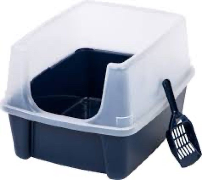 open-top cat litter box with shield and scoop, navy
