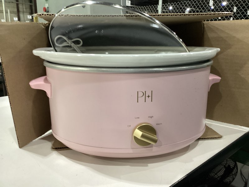Condition photo showing Good Condition for NOT TESTED USED Paris Hilton 6-Quart Manual Slow Cooker, Features Three Settings (Low, High, Warm), Naturally Nonstick and Dishwasher Safe Stoneware Insert, Family Sized Capacity, Pink 6 Quarts Pink
