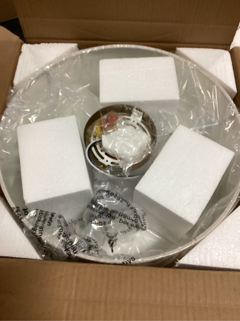 Condition photo showing Good Condition for 15.7 Inch Flush Mount Ceiling Light Fixture 3-Light Drum Modern Gold Ceiling Light Fixture Dimmable Close to Ceiling Light Fixture with Fabric Shade for Living Room Hallway Entryway Kitchen Bedroom