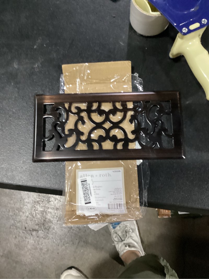Condition photo showing As Is for allen + roth 4-in x 10-in maximum airflow steel oil-rubbed bronze savannah design floor register