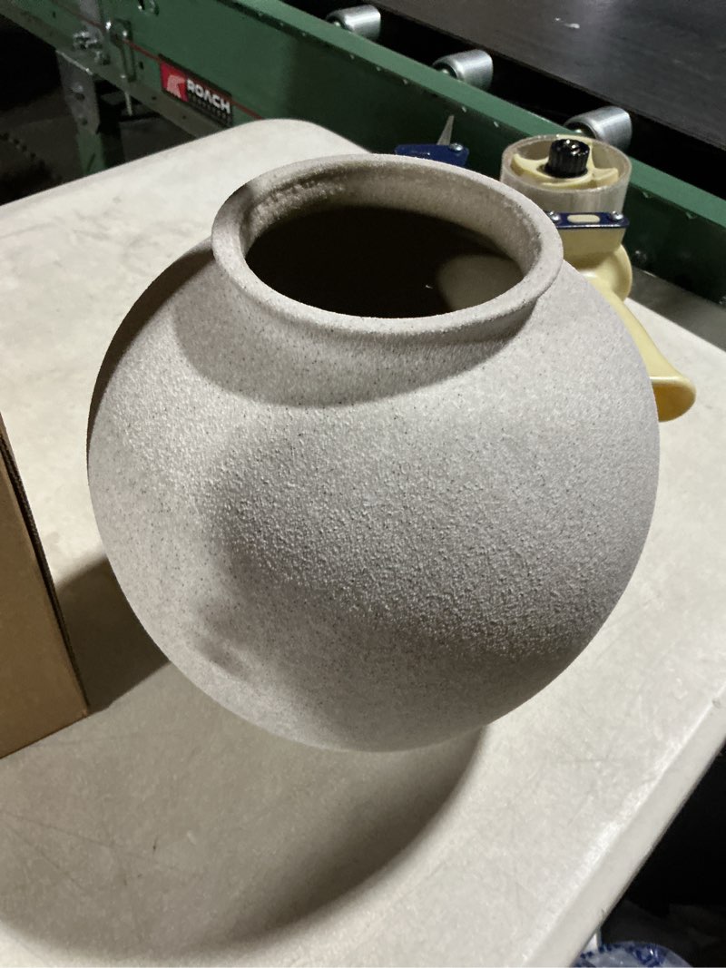 Condition photo showing As Is for White Ceramic Vase -  Round Floor Vase for Centerpieces, Farmhouse Rustic Minimalist Home Decor (Sandstone White)
