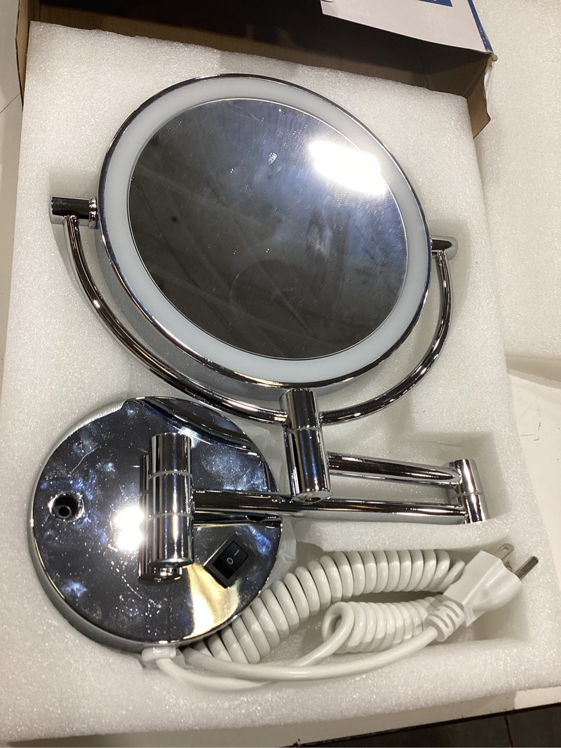 Condition photo showing Good Condition for wall mounted makeup mirror with lights, 30x/1x double-sided magnifying, plug-in lighted vanity mirror with 3 color modes, dimmable brightness, 360° swivel extendable arm for bathroom & grooming chrome