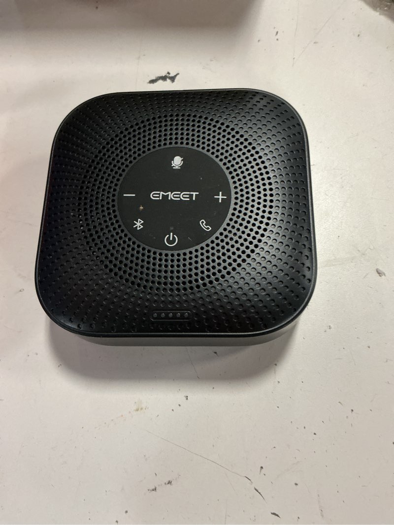 Condition photo showing As Is for emeet conference speakerphone m0 plus, 4 ai mics 360° voice pickup, noise reduction, usb c speaker, bluetooth conference speaker for 8 people w/daisy chain for 16 compatible with leading software advanced m0 plus for 8 people
