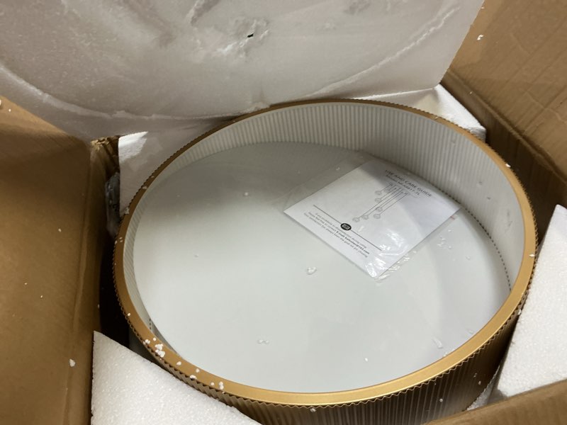 Condition photo showing New/Like New for canarm riviera 2-light semi-flush mount ceiling light, 18-inch modern gold ceiling light with metal drum shade, damp rated glam lighting for bedroom or kitchen