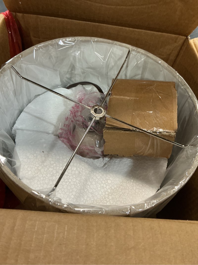 Condition photo showing Good Condition for signature design by ashley rainermen casual ceramic table lamp, transparent white glaze finish, drum hardback fabric shade, 11" w x 11" d x 21" h, off white off-white