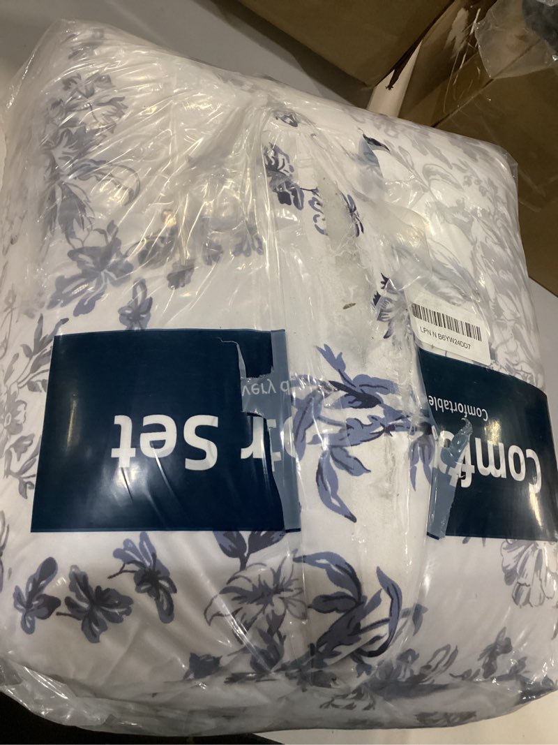 Condition photo showing As Is for wongs bedding blue floral comforter set queen size, 8 pieces flower botanical bed in a bag bedding set, soft microfiber comforter, sheets, pillowcases & shams (90"x90") blue queen