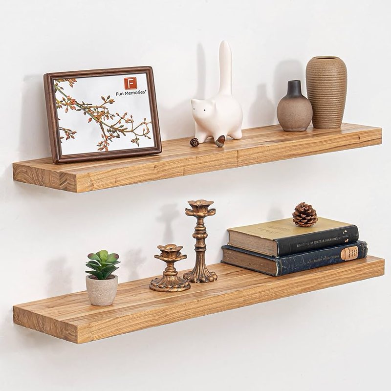 Realgulf Floating Shelves Set of 2, Solid Elm Wood Wall Shelves 36 Inch - Invisible Bracket Mount fo