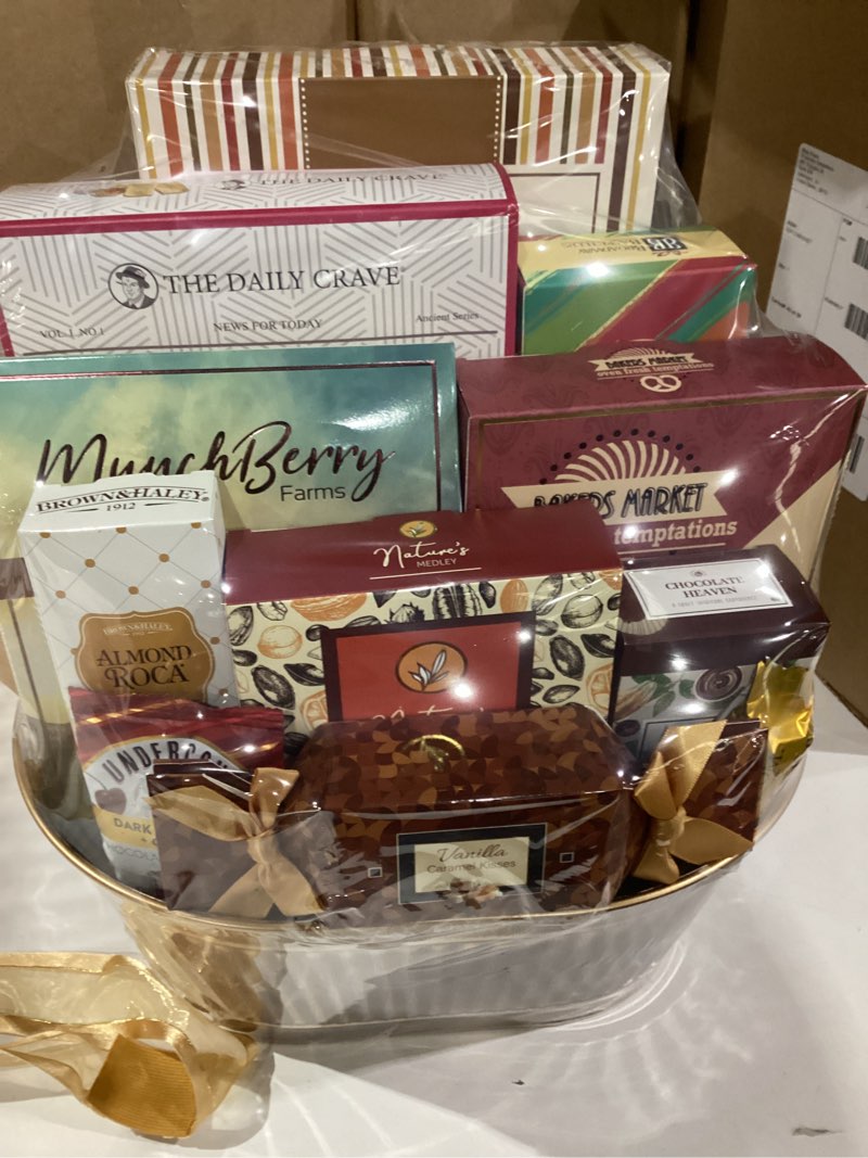 Condition photo showing New/Like New for Broadway Basketeers Gourmet Valentines Gift Basket for Women, Men, Families, Teacher, College, Appreciation, Thank You, Birthday, Corporate, Get Well, Sympathy Chocolate Baskets