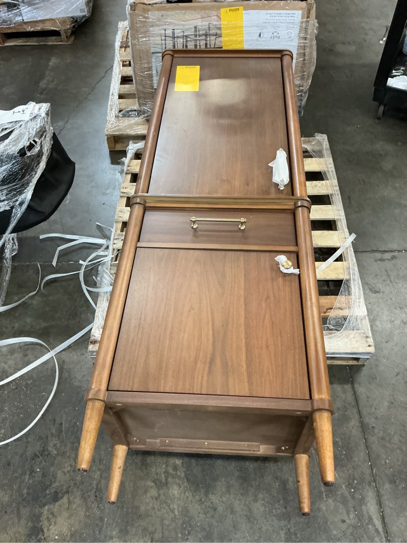 Condition photo showing As Is for allen + roth rian 24-in x 72-in x 16-in golden walnut wood freestanding soft close linen cabinet