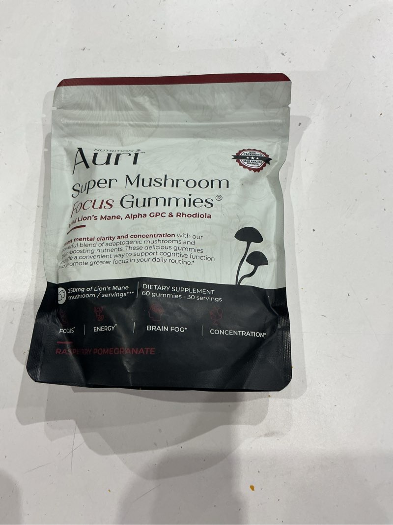Condition photo showing Good Condition for auri nutrition super mushroom focus gummies w/lion's mane, alpha gpc & rhodiola – mushroom supplement to support cognitive function, mental clarity, focus & energy, 60 gummies, vegan friendly, non gmo