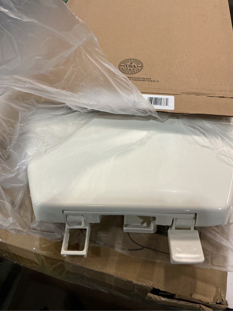 Condition photo showing As Is for Bemis Aurora Slow Close Toilet Seat, Easy Clean Hinges and Adjustable Perfect Fit Plastic Seat, Made in USA, Elongated, Biscuit Elongated Biscuit