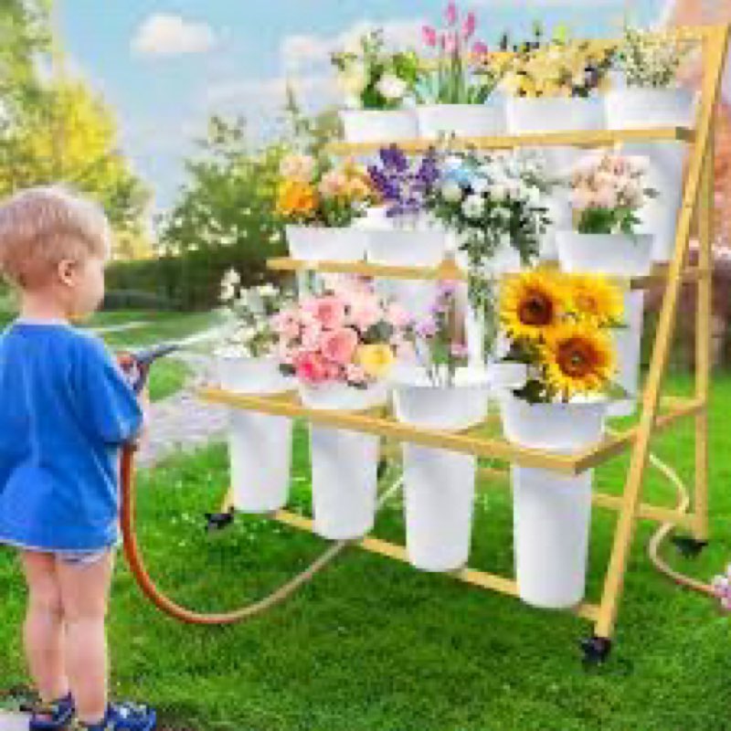 prolee flower stand, flower cart with 12 buckets, flower display stand with large wheels, flower car