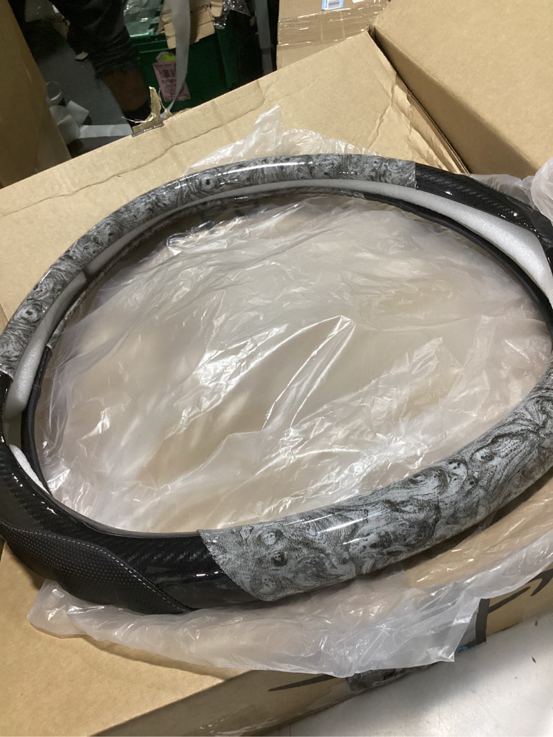 Condition photo showing As Is for heavy duty truck steering wheel cover 17.5-18 inch, carbon fiber with anti-slip grip, x-large wheel protector for commercial semi-trucks, buses and rvs (gray/black)