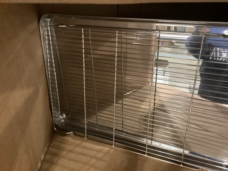 Condition photo showing Good Condition for Large Set Baking Sheet and Cooling Rack Set, Bastwe 24L x 16W x 1H inch Professional Bakeware, Healthy & Nontoxic & Rustproof & Easy Clean 24 inch with Rack