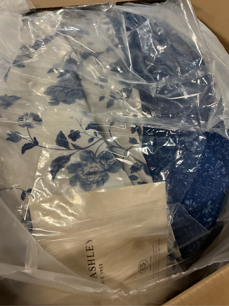 Condition photo showing Good Condition for laura ashley - king comforter set, reversible cotton bedding, includes matching shams with bonus euro shams & throw pills (elise blue, king) blue/white king
