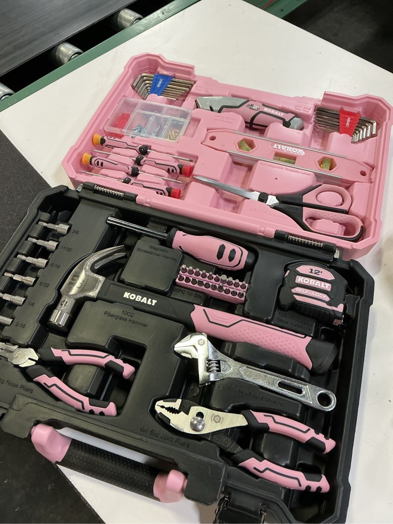 Condition photo showing New/Like New for kobalt 158 -piece pink household tool set with folding case