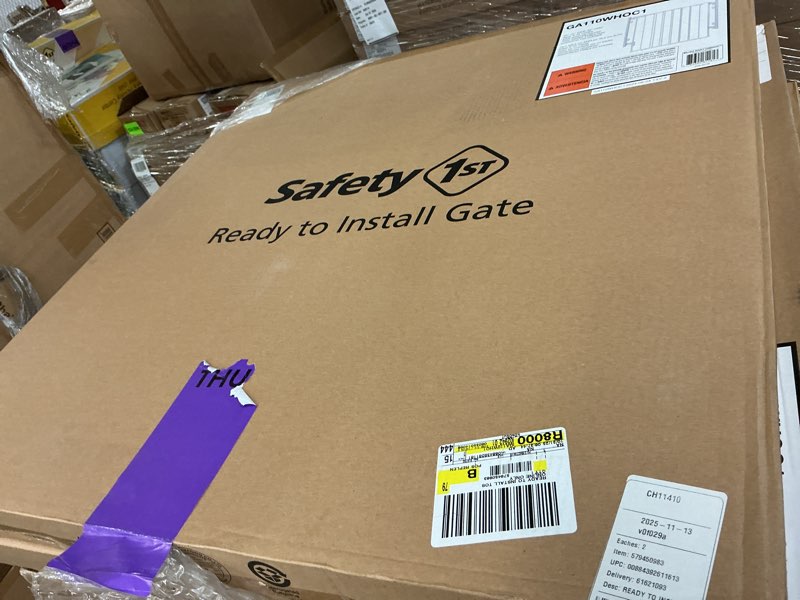 Condition photo showing New/Like New for safety 1st ready to install 28 in. top of stairs child safety gate in white