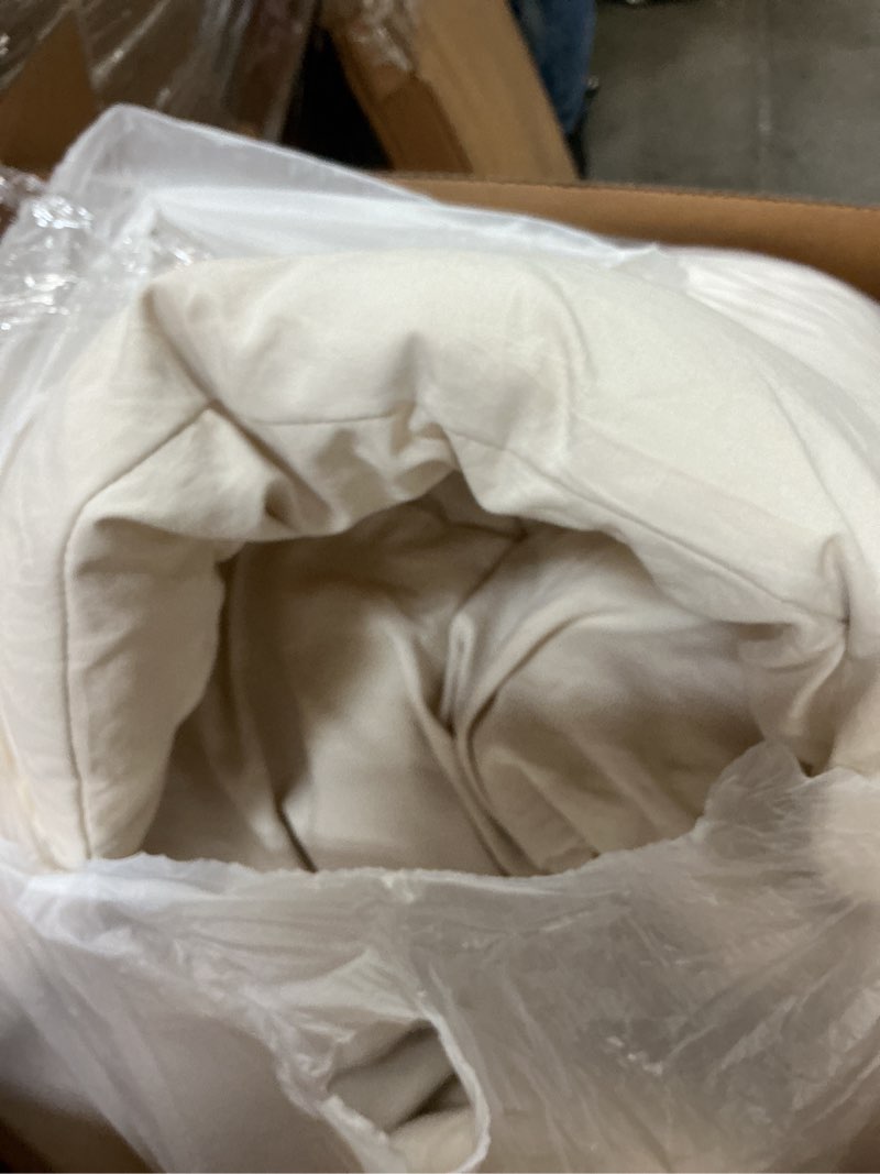Condition photo showing As Is for love's cabin full size comforter set beige, 3-piece 90% polyester 10% linen blend bedding set, linen-look textured stripe, down alternative all-season comforter with pillow shams | soft, breathable, lightweight beige full (79"x90")