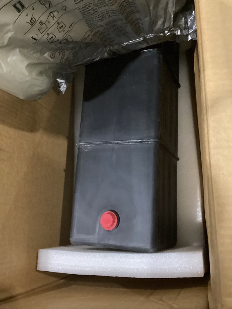 Condition photo showing As Is for 220v 60hz hydraulic power unit, hydraulic motor, dump trailer pump14l plastic reservoir, manual button control, for auto lifts, vehicle repair, garage equipment, and industrial applications