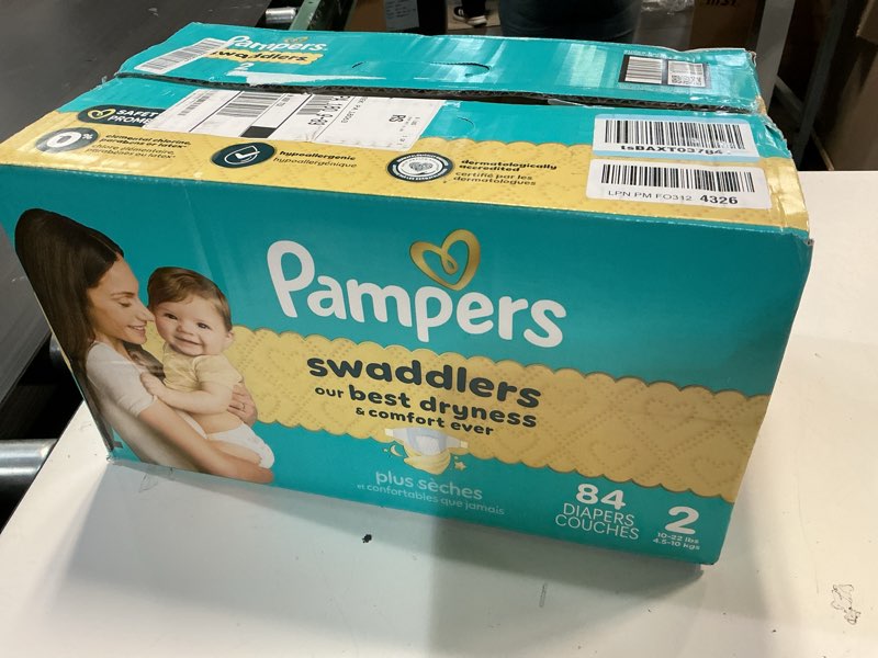 Condition photo showing New/Like New for pampers swaddlers diapers, size 2 (10-22 lbs), 84 count, absorbent, keeps baby dry and comfortable, skin safe disposable baby diaper (packaging may vary) size 2 84