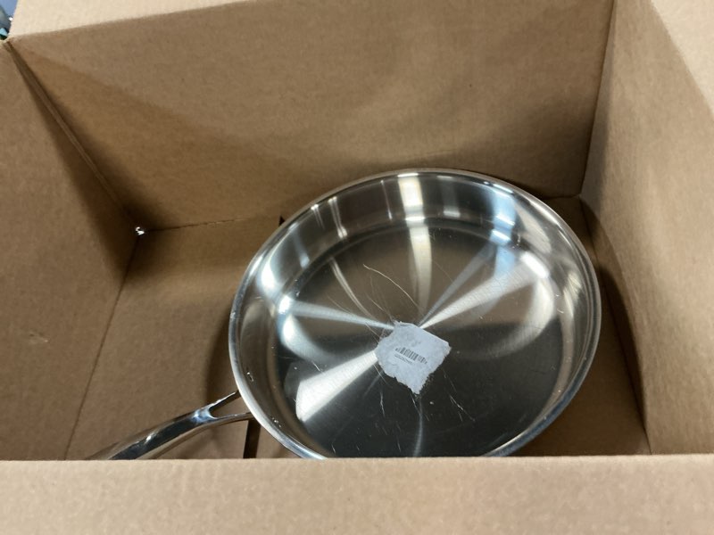 Condition photo showing As Is for p&p chef 12 inch stainless steel frying pan, 3-ply stainless steel pan skillet, induction stir-fry pan, oven & all stoves safe, heavy duty & even heat, dishwasher safe, silver, (1 piece) 1 12 inch