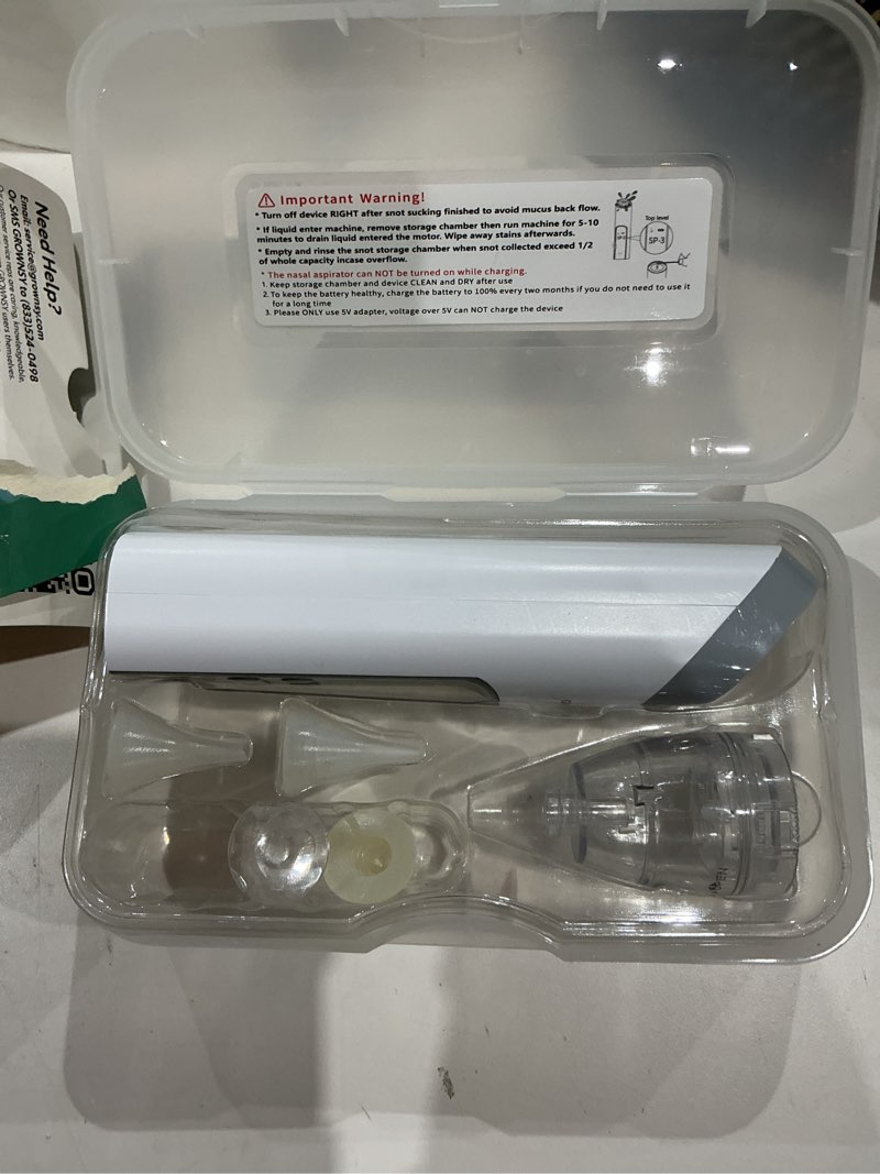 Condition photo showing As Is for grownsy nasal aspirator for baby, upgraded 5 suction levels baby nose sucker, ipx7 waterproof electric nose suction for baby, booger sucker for toddlers with automatic cleaning &music &light functions grey standard