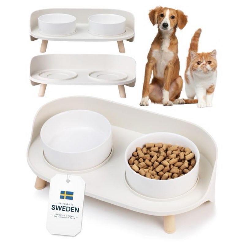 MalsiPree Dog Bowls Elevated & Pet Bowls - Small, Sand Beige - 45° Tilt Stand with Splash Guard - Dog Feeding Station with Ceramic Dishes for Food & Water