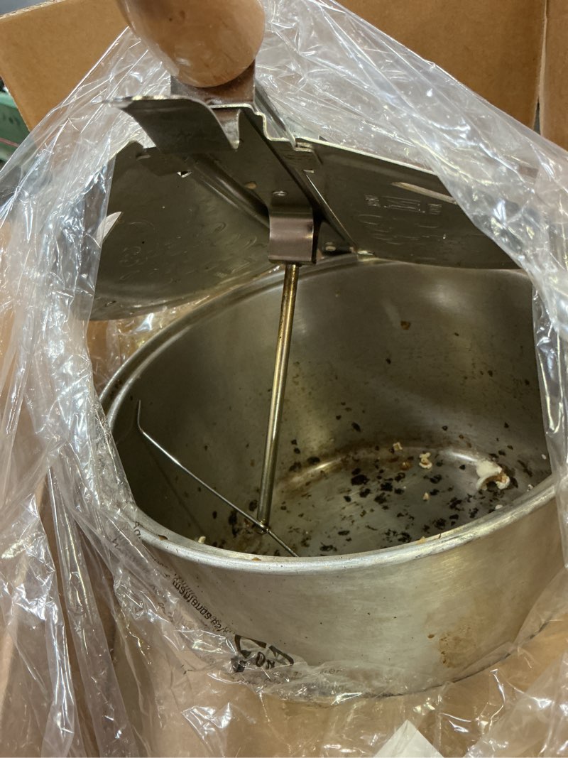 Condition photo showing As Is for cook n home stovetop popcorn popper with crank, 6-quart aluminum popcorn pot, silver brushed aluminum 6 quarts