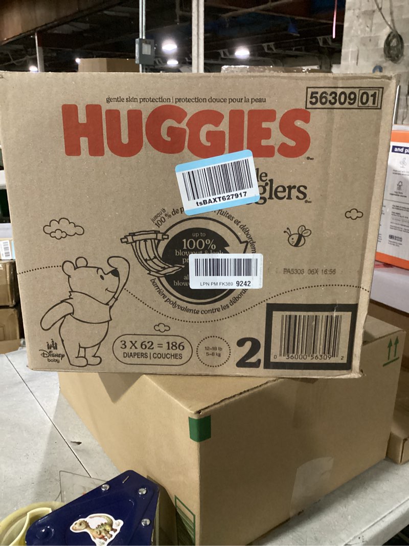Condition photo showing New/Like New for Huggies Size 2 Diapers, Little Snugglers Baby Diapers, Size 2 (12-18 lbs), 186 Count (3 Packs of 62), Packaging May Vary