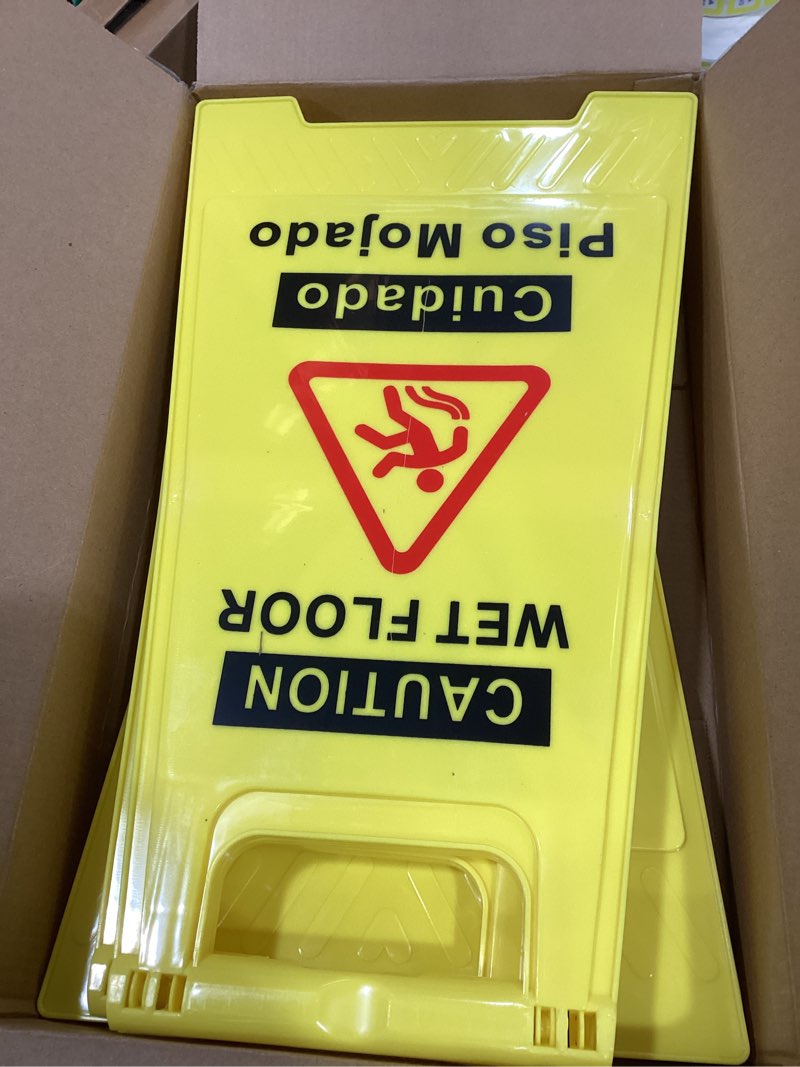 Condition photo showing Good Condition for 4-Pack Caution Wet Floor Sign, 17.5" Height, Bright Yellow, Double-Sided A-Shaped Frame Design, Bilingual Caution Message