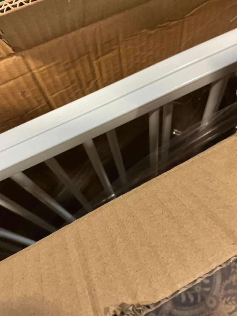 Condition photo showing As Is for regalo safety 29-43" top of stairs baby gate, extra wide baby gate, extra wide hardware mounted stair gate with banister & wall mount kit, walk-through safety gate with door for toddlers & pets white 29-43"w x 30.5"h