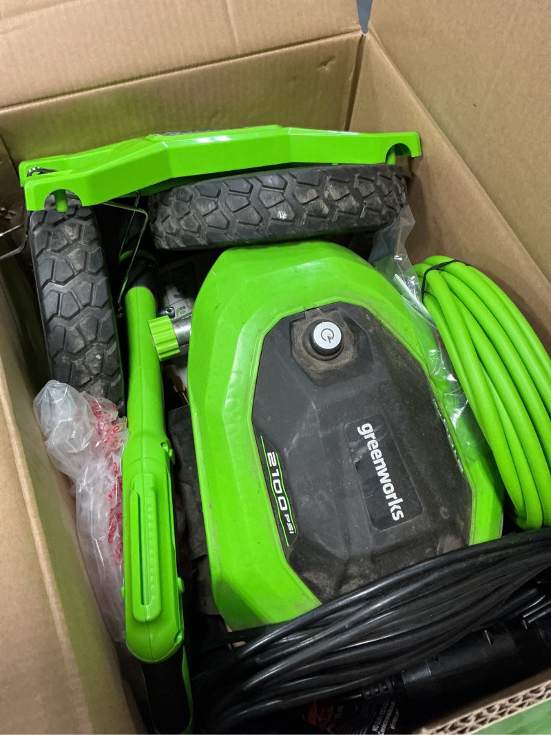 Condition photo showing As Is for greenworks 2100 psi 1.2 gpm pressure washer