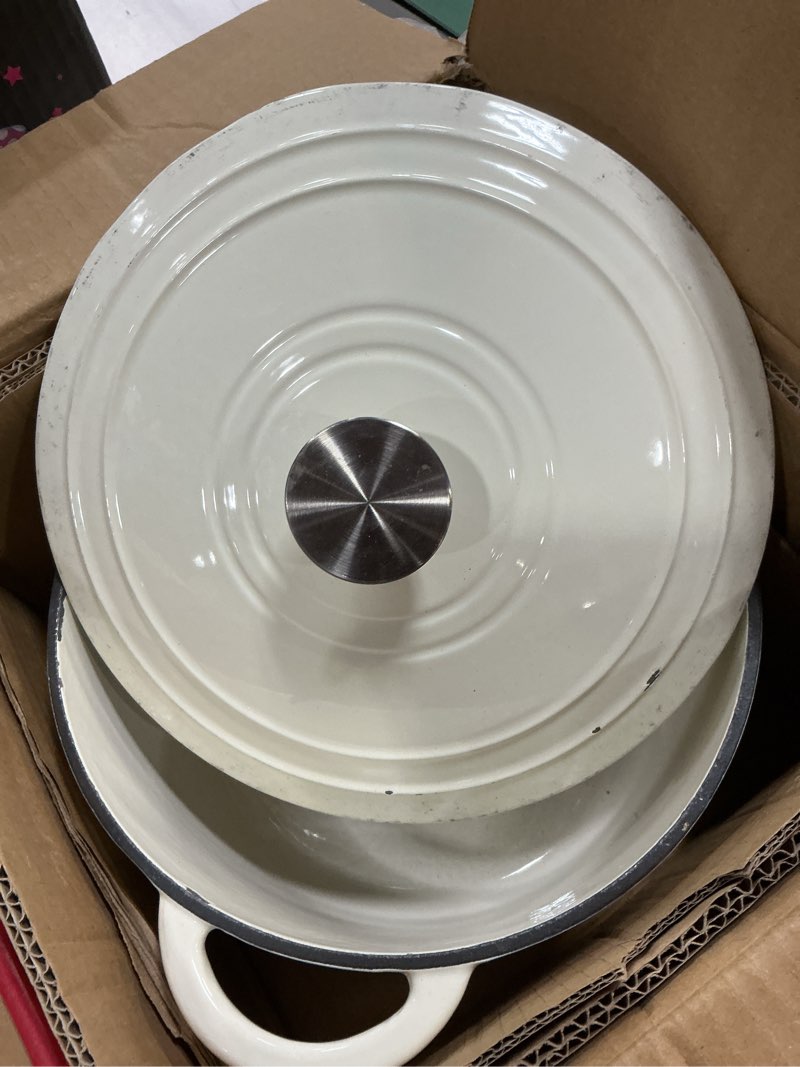 Condition photo showing As Is for Enameled Cast Iron Dutch Oven with Lid -6.5 QT, incl. Sourdough Bread-Baking Supplies like Banneton Proofing Basket, Heavy Duty Cookware Bread-Oven for Baking, Stews, and Roasting, Cream White