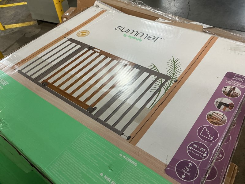 Condition photo showing New/Like New for summer infant west end extra wide safety pet and baby gate, 36"-60" wide, 30" tall, pressure or hardware mounted, install wall to wall in doorway, auto close walk-thru door - oak wood and metal